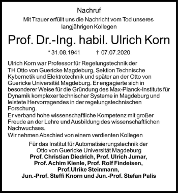 Traueranzeige von Prof. Dr.-Ing. habil. Ulrich Korn  von Magdeburger Volksstimme