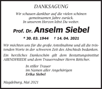 Traueranzeige von Prof. Dr. Anselm Siebel  von Magdeburger Volksstimme