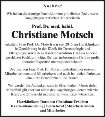 Traueranzeige von Prof. Dr. Christiane Motsch  von Magdeburger Volksstimme