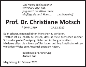 Traueranzeige von Prof. Dr. Christiane Motsch  von Magdeburger Volksstimme