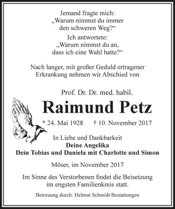 Traueranzeige von Prof. Dr. Dr. med. habil. Raimund Petz  von Magdeburger Volksstimme