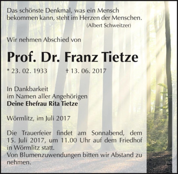 Traueranzeige von Prof. Dr. Franz Tietze  von Magdeburger Volksstimme