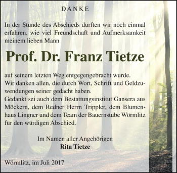 Traueranzeige von Prof. Dr. Franz Tietze  von Magdeburger Volksstimme