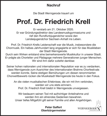 Traueranzeige von Prof. Dr. Friedrich Krell  von Magdeburger Volksstimme