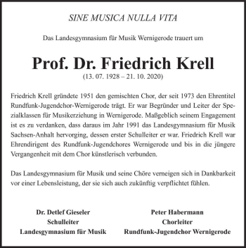 Traueranzeige von Prof. Dr. Friedrich Krell  von Magdeburger Volksstimme
