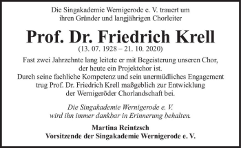 Traueranzeige von Prof. Dr. Friedrich Krell  von Magdeburger Volksstimme