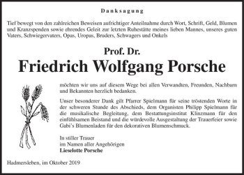 Traueranzeige von Prof. Dr. Friedrich Wolfgang Porsche  von Magdeburger Volksstimme