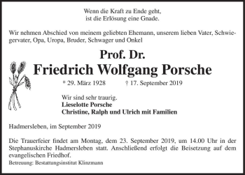 Traueranzeige von Prof. Dr. Friedrich Wolfgang Porsche  von Magdeburger Volksstimme