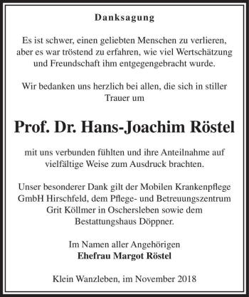 Traueranzeige von Prof. Dr. Hans-Joachim Röstel  von Magdeburger Volksstimme