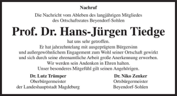 Traueranzeige von Prof. Dr. Hans-Jürgen Tiedge  von Magdeburger Volksstimme