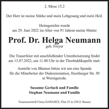 Traueranzeige von Prof. Dr. Helga Neumann (geb. Freyer)  von Magdeburger Volksstimme