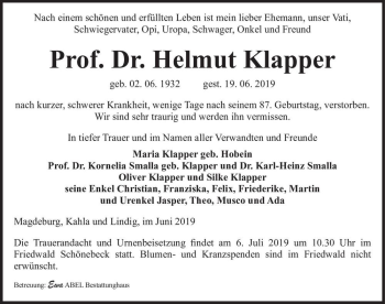 Traueranzeige von Prof. Dr. Helmut Klapper  von Magdeburger Volksstimme
