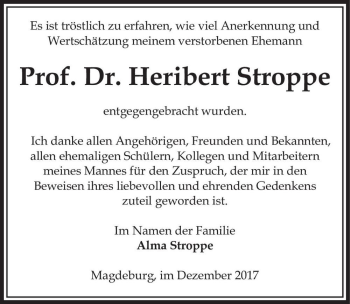 Traueranzeige von Prof. Dr. Heribert Stroppe  von Magdeburger Volksstimme