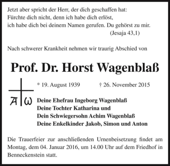 Traueranzeige von Prof. Dr. Horst Wagenblaß  von Magdeburger Volksstimme