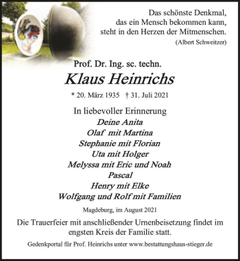 Traueranzeige von Prof. Dr. Ing. sc. techn. Klaus Heinrichs  von Magdeburger Volksstimme