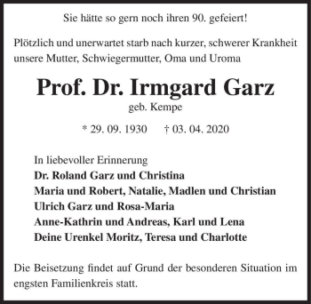 Traueranzeige von Prof. Dr. Irmgard Garz (geb. Kempe)  von Magdeburger Volksstimme