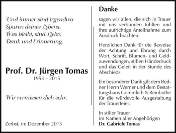 Traueranzeige von Prof. Dr. Jürgen Tomas  von Magdeburger Volksstimme