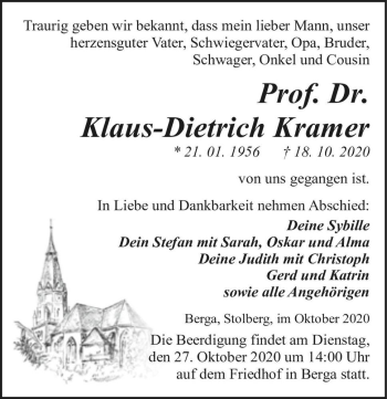 Traueranzeige von Prof. Dr. Klaus-Dietrich Kramer  von Magdeburger Volksstimme