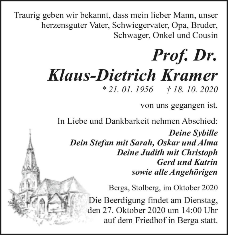  Traueranzeige für Prof. Dr. Klaus-Dietrich Kramer  vom 21.10.2020 aus Magdeburger Volksstimme