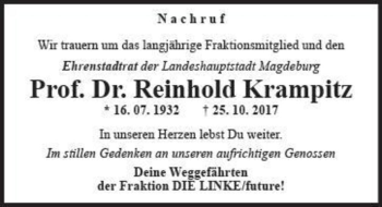 Traueranzeige von Prof. Dr. Reinhold Krampitz  von Magdeburger Volksstimme