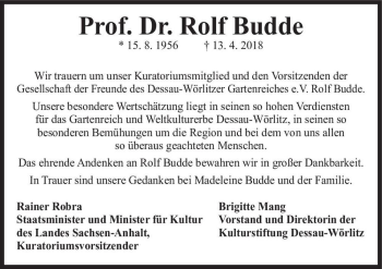 Traueranzeige von Prof. Dr. Rolf Budde  von Magdeburger Volksstimme