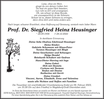 Traueranzeige von Prof. Dr. Siegfried Heinz Heusinger  von Magdeburger Volksstimme