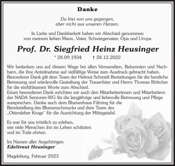 Traueranzeige von Prof. Dr. Siegfried Heinz Heusinger  von Magdeburger Volksstimme
