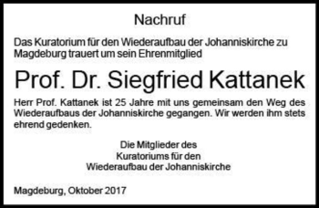 Traueranzeige von Prof. Dr. Siegfried Kattanek  von Magdeburger Volksstimme