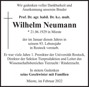 Traueranzeige von Prof. Dr. agr. habil. Dr. h.c. mutl. Wilhelm Neumann  von Magdeburger Volksstimme