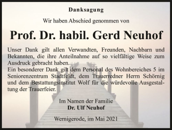 Traueranzeige von Prof. Dr. habil. Gerd Neuhof  von Magdeburger Volksstimme