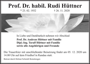 Traueranzeige von Prof. Dr. habil. Rudi Hüttner  von Magdeburger Volksstimme