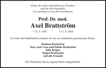 Traueranzeige von Prof. Dr. med. Axel Brattström  von Magdeburger Volksstimme