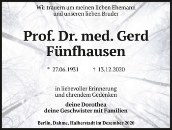Traueranzeige von Prof. Dr. med. Gerd Fünfhausen  von Magdeburger Volksstimme