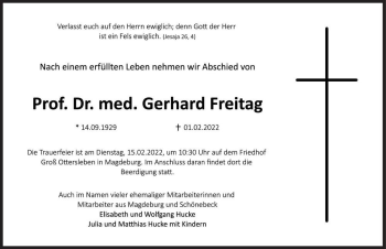 Traueranzeige von Prof. Dr. med. Gerhard Freitag  von Magdeburger Volksstimme