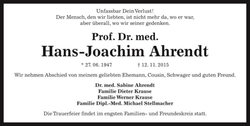  Traueranzeige für Prof. Dr. med. Hans-Joachim Ahrendt  vom 21.11.2015 aus Magdeburger Volksstimme