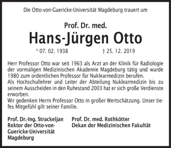 Traueranzeige von Prof. Dr. med. Hans-Jürgen Otto  von Magdeburger Volksstimme