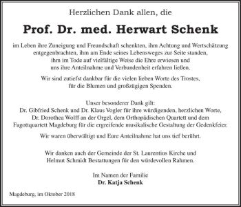 Traueranzeige von Prof. Dr. med. Herwart Schenk  von Magdeburger Volksstimme