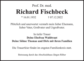 Traueranzeige von Prof. Dr. med. Richard Fischbeck  von Magdeburger Volksstimme