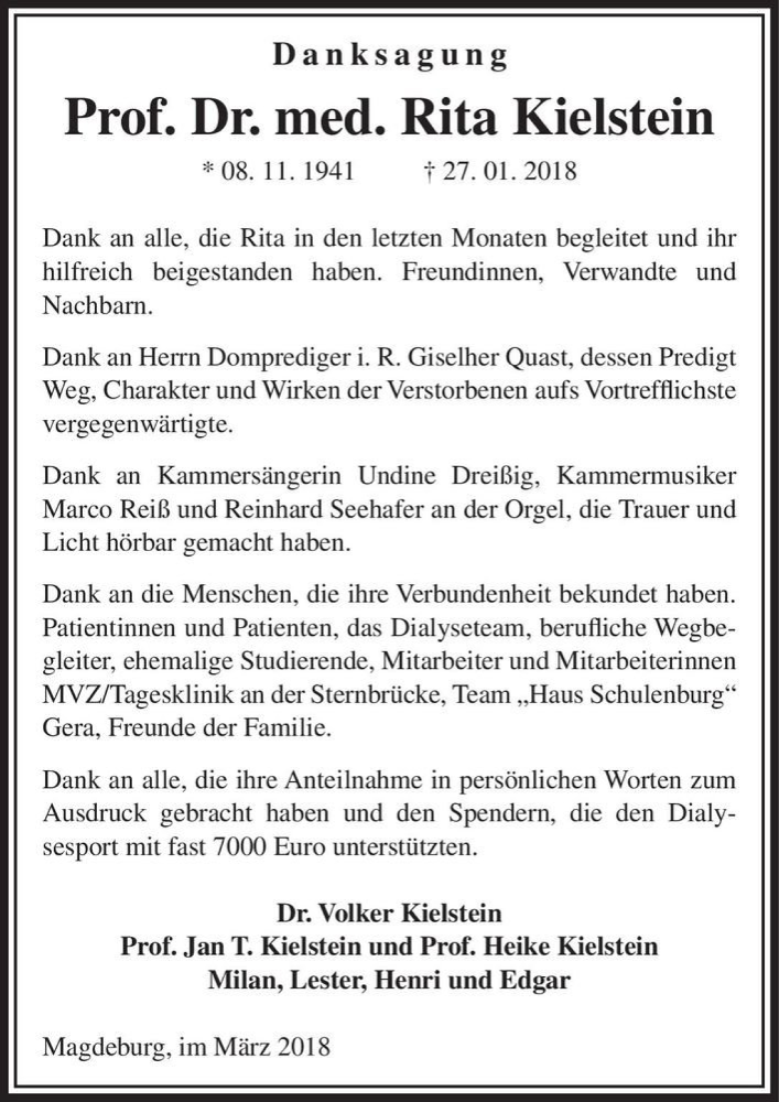  Traueranzeige für Prof. Dr. med. Rita Kielstein  vom 17.03.2018 aus Magdeburger Volksstimme