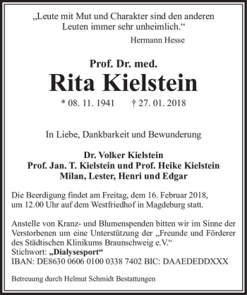Traueranzeige von Prof. Dr. med. Rita Kielstein  von Magdeburger Volksstimme
