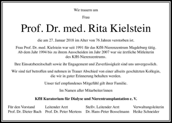 Traueranzeige von Prof. Dr. med. Rita Kielstein  von Magdeburger Volksstimme
