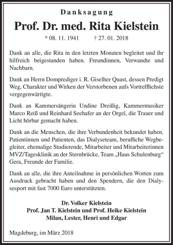 Traueranzeige von Prof. Dr. med. Rita Kielstein  von Magdeburger Volksstimme