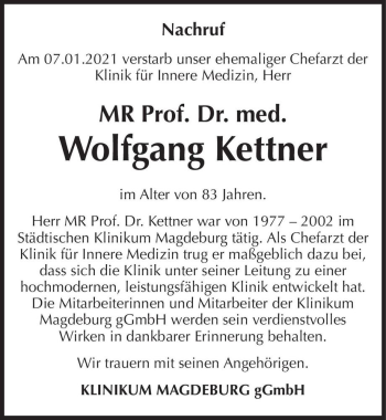 Traueranzeige von Prof. Dr. med. Wolfgang Kettner  von Magdeburger Volksstimme