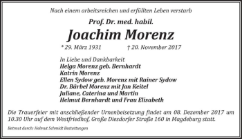 Traueranzeige von Prof. Dr. med. habil. Joachim Morenz  von Magdeburger Volksstimme