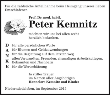 Traueranzeige von Prof. Dr. med. habil. Peter Kemnitz  von Magdeburger Volksstimme