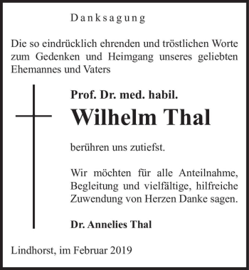 Traueranzeige von Prof. Dr. med. habil. Wilhelm Thal  von Magdeburger Volksstimme