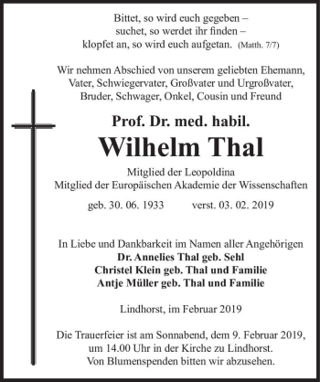 Traueranzeige von Prof. Dr. med. habil. Wilhelm Thal  von Magdeburger Volksstimme