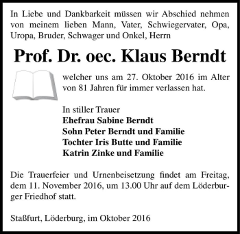 Traueranzeige von Prof. Dr. oec. Klaus Berndt  von Magdeburger Volksstimme
