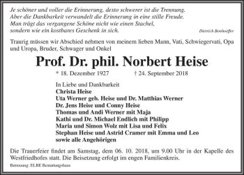 Traueranzeige von Prof. Dr. phil. Norbert Heise  von Magdeburger Volksstimme