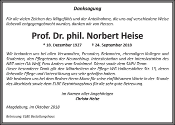 Traueranzeige von Prof. Dr. phil. Norbert Heise  von Magdeburger Volksstimme
